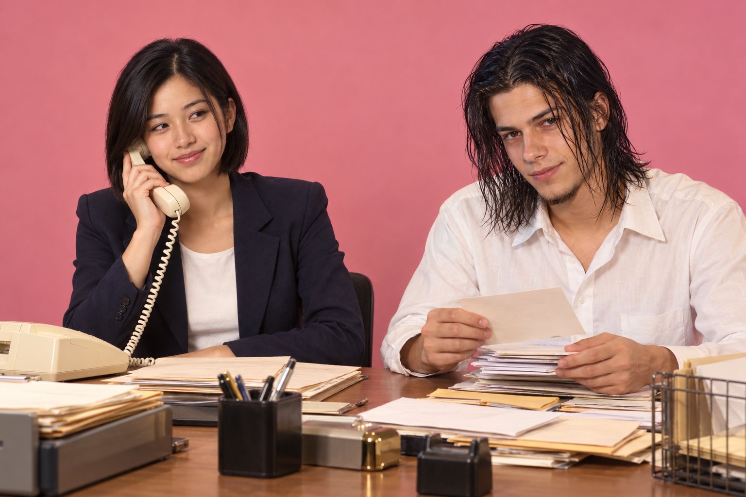 A young woman in a blazer smirks on a corded phone at a desk while a young man sorts mail, 1990s Australian office.