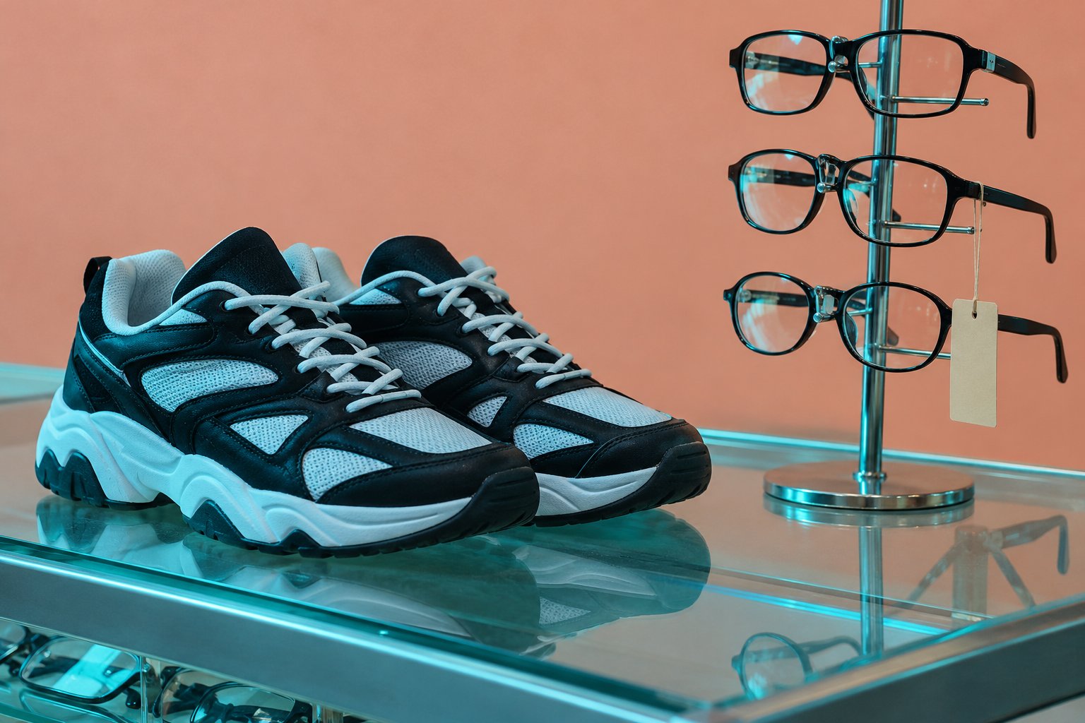 Chunky club sneakers on a shop counter beside a rack of clear lens glasses, 1990s Sydney.