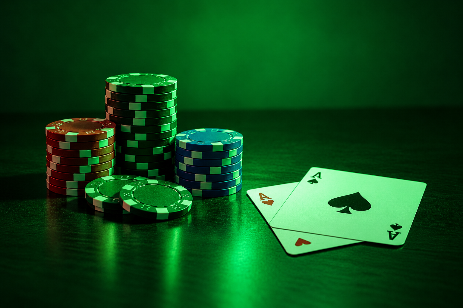 Poker chips and playing cards in green light