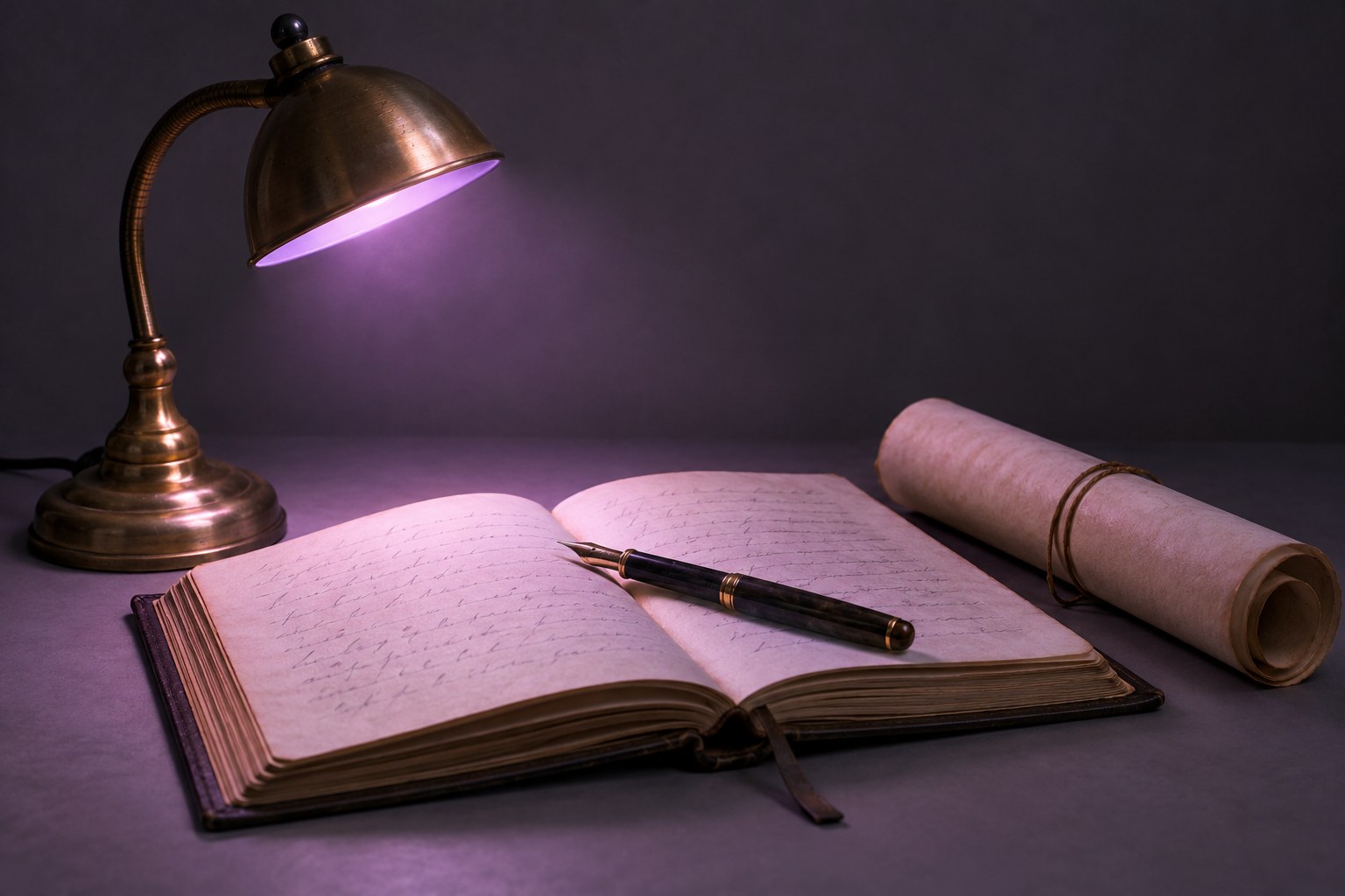 An open book of poetry with a fountain pen resting across it, studio photograph in the style of 1999 Sydney