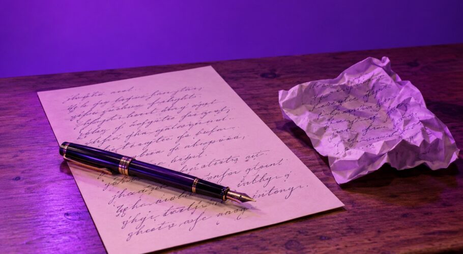 A neat poem sheet with a fountain pen beside a crumpled draft