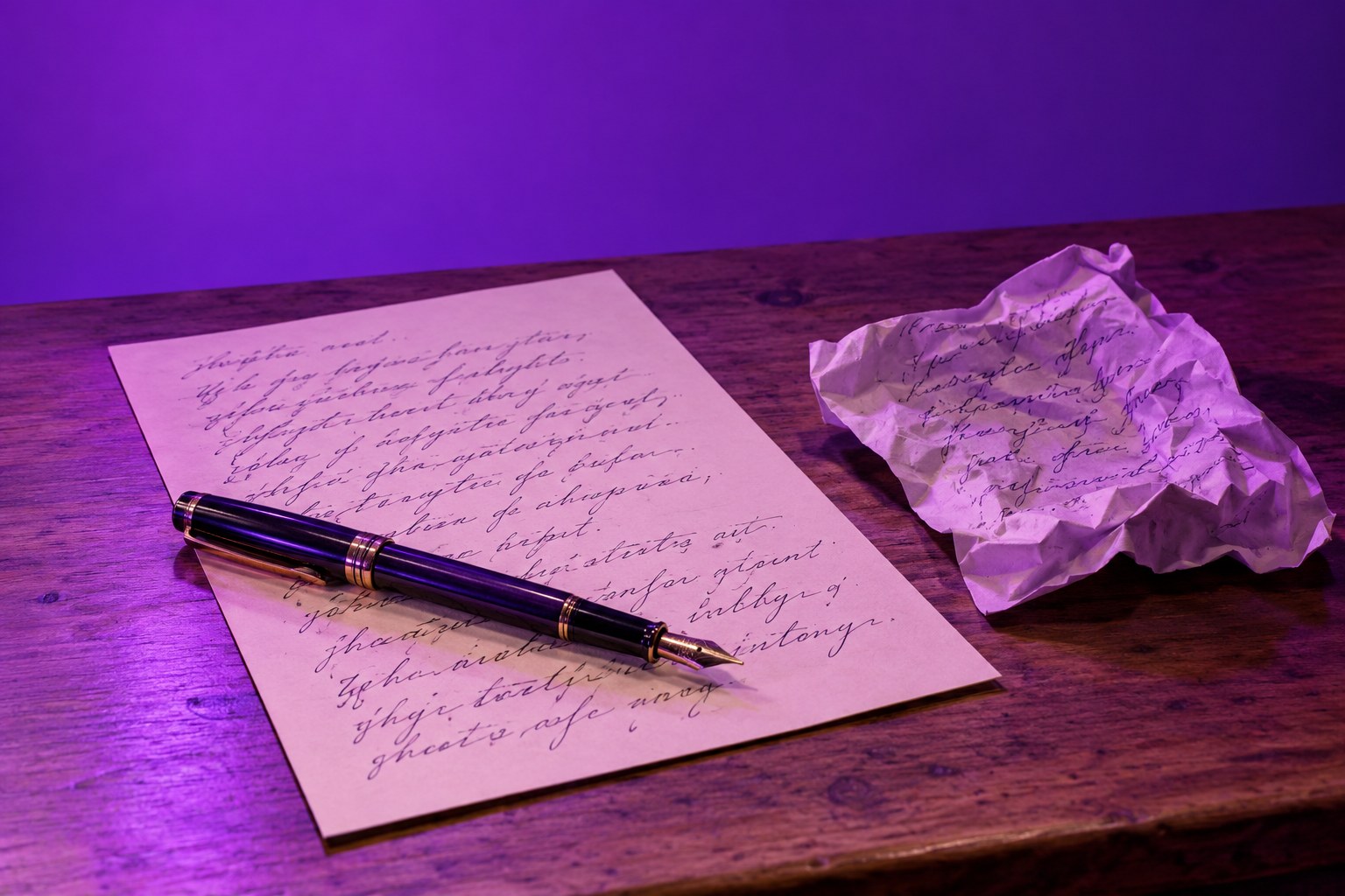 A neat poem sheet with a fountain pen beside a crumpled draft