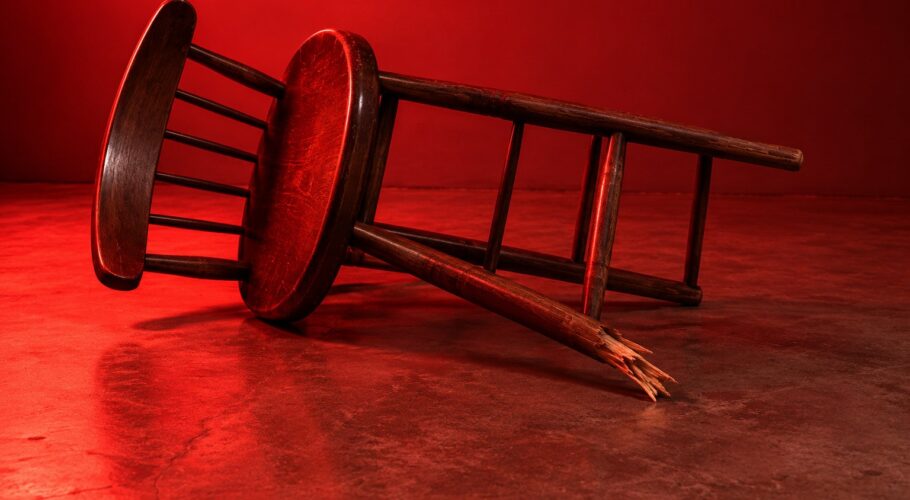 A wooden bar chair with a splintered leg on a concrete floor in red light