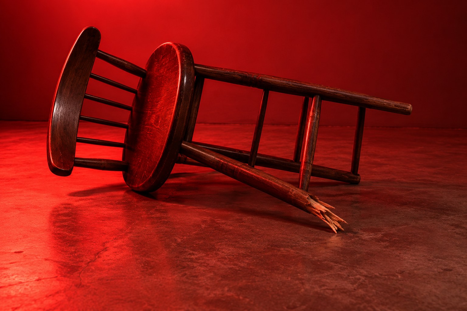 A wooden bar chair with a splintered leg on a concrete floor in red light