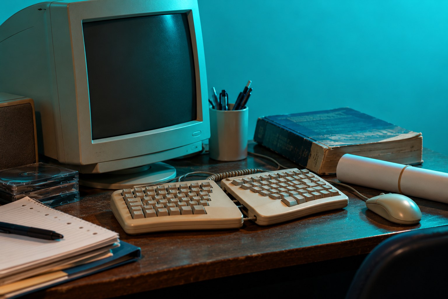 A beige split keyboard on a cluttered desk beside a CRT monitor, a rolled-up resume and a thick paperback course handbook in 1990s Australia
