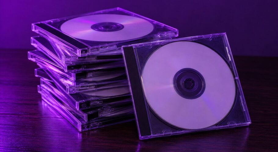 A stack of burnt compact discs in clear plastic cases