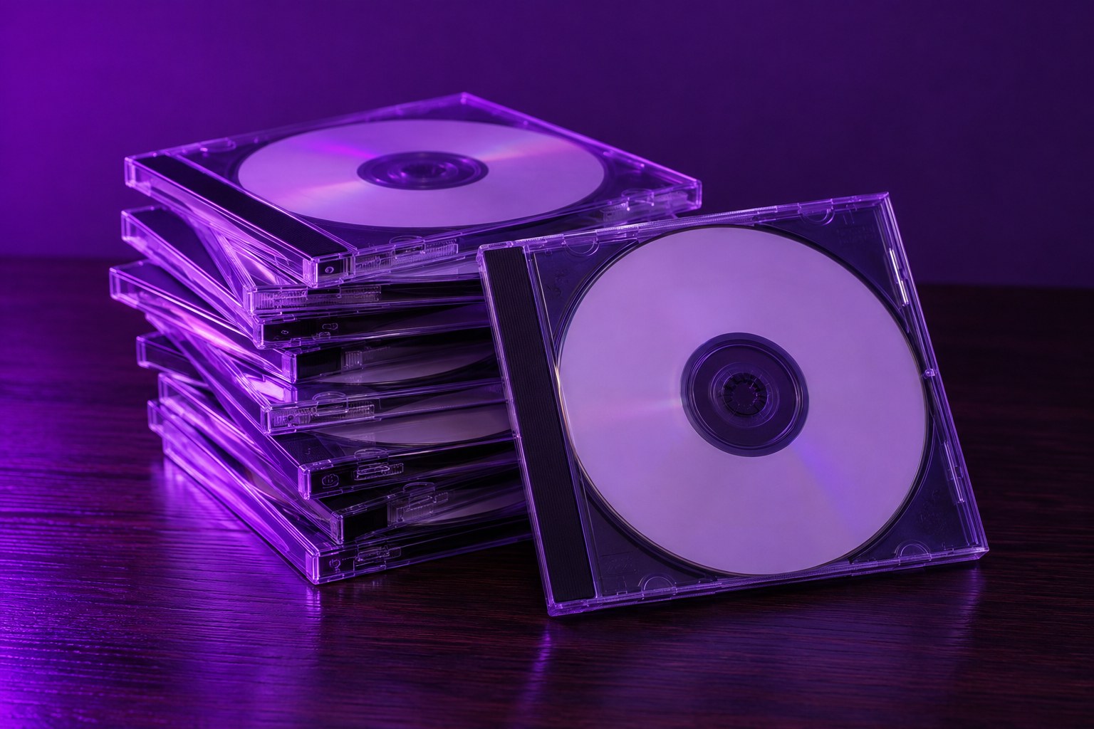 A stack of burnt compact discs in clear plastic cases