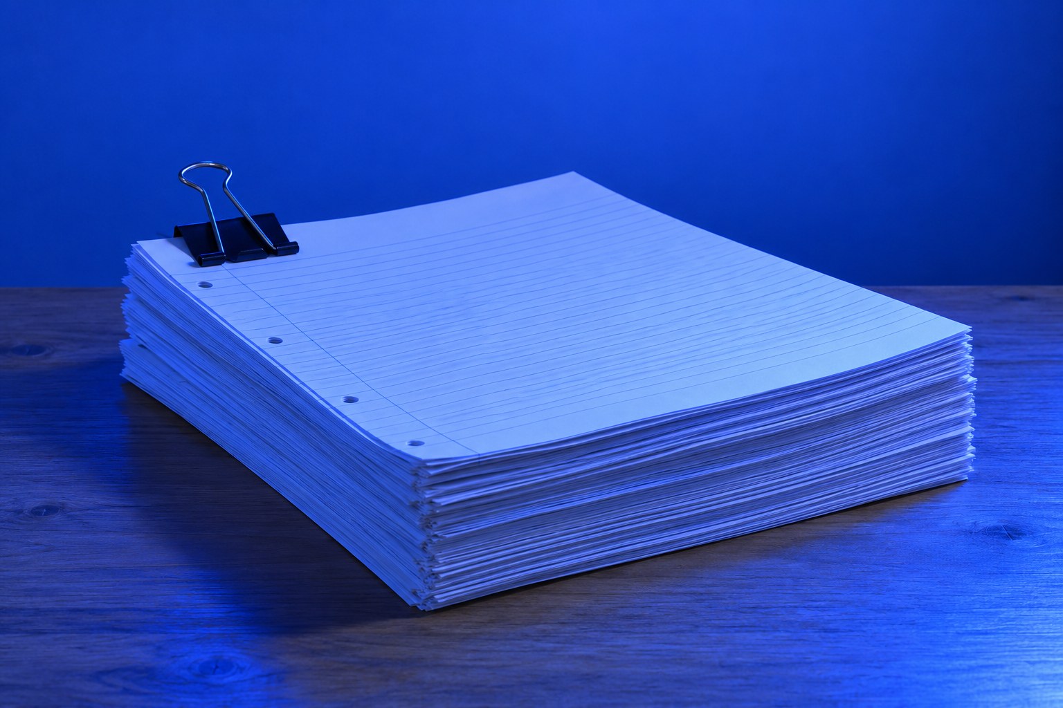 A tall stack of ruled paper pages held with a black clip on a wooden desk