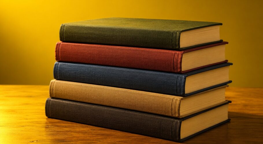 A neat stack of five plain hardcover books on a wooden desk