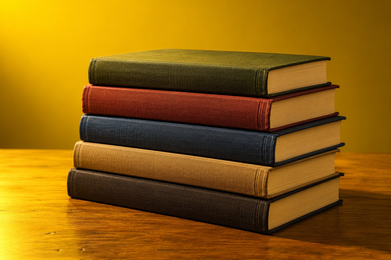 A neat stack of five plain hardcover books on a wooden desk