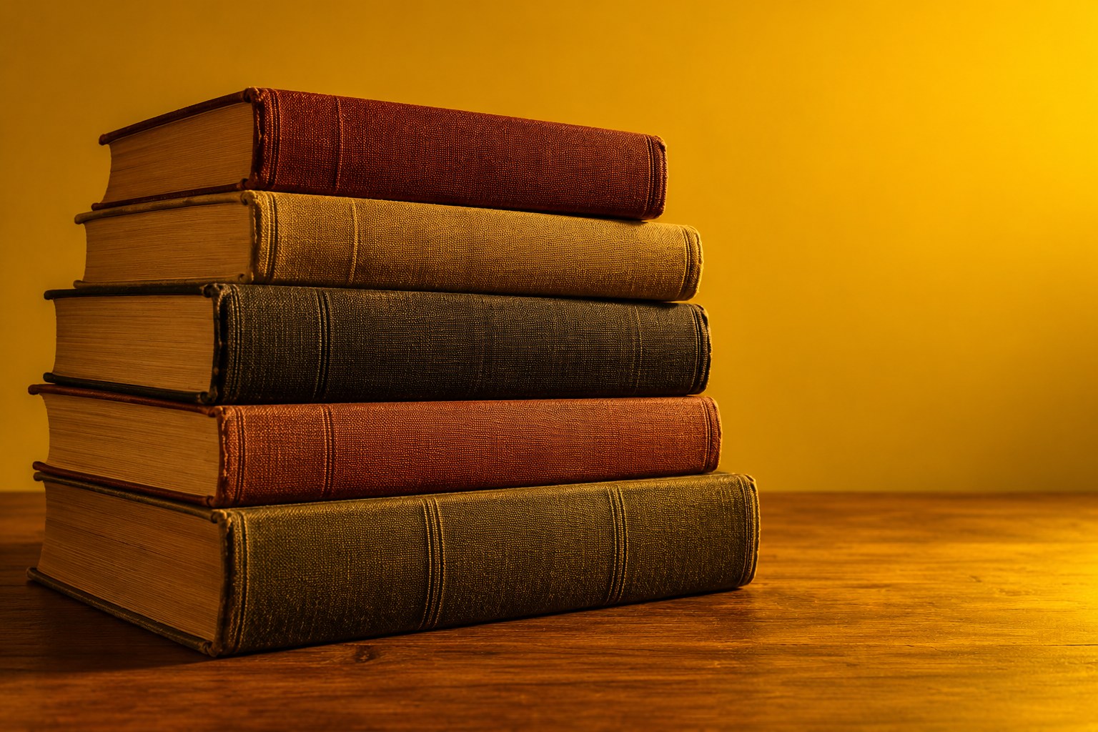 A stack of old hardcover books with plain cloth spines on a table under yellow light