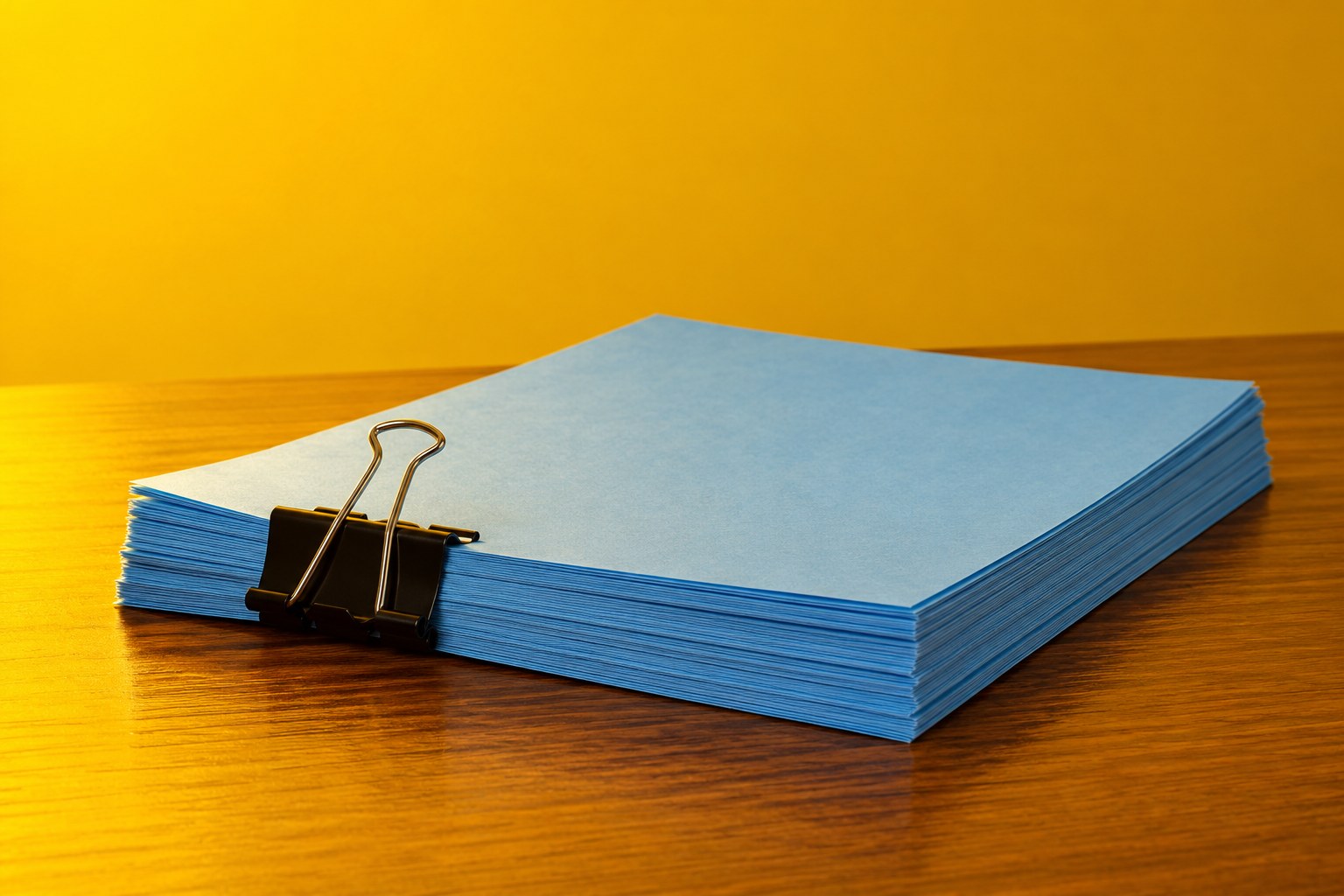 A neat stack of printed blue paper sheets held by a black binder clip on a wooden table under yellow light