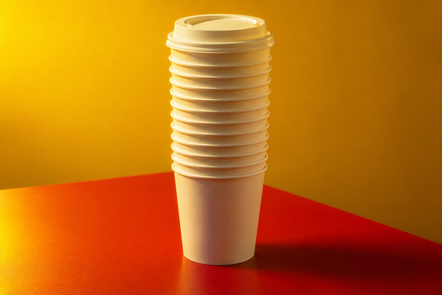 A tall stack of white paper drink cups on a red table