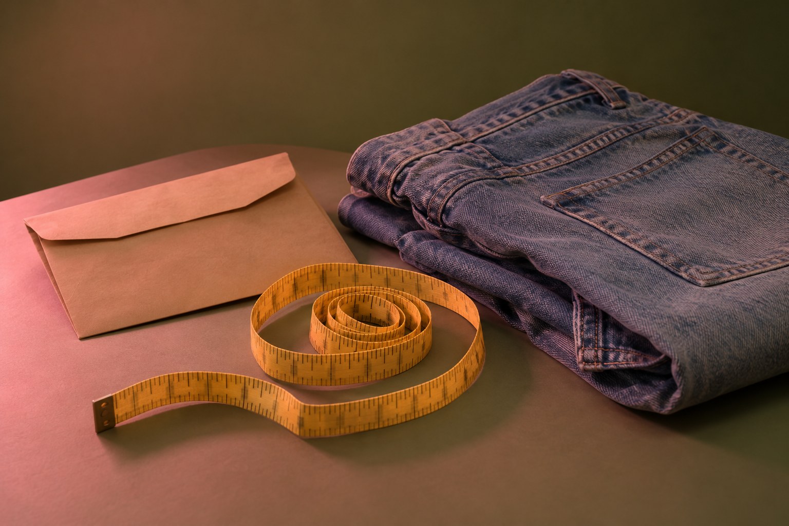 A tape measure curled next to a plain envelope and folded jeans, studio photograph in the style of 1999 Sydney