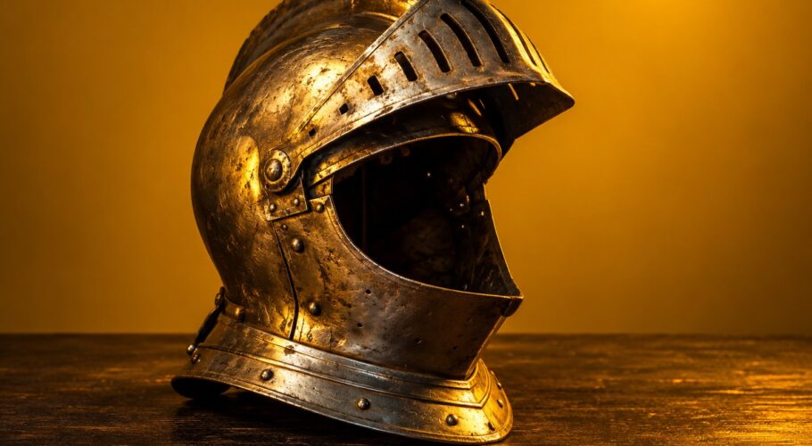 A battered steel knight's helmet on a dark wooden table against a plain backdrop