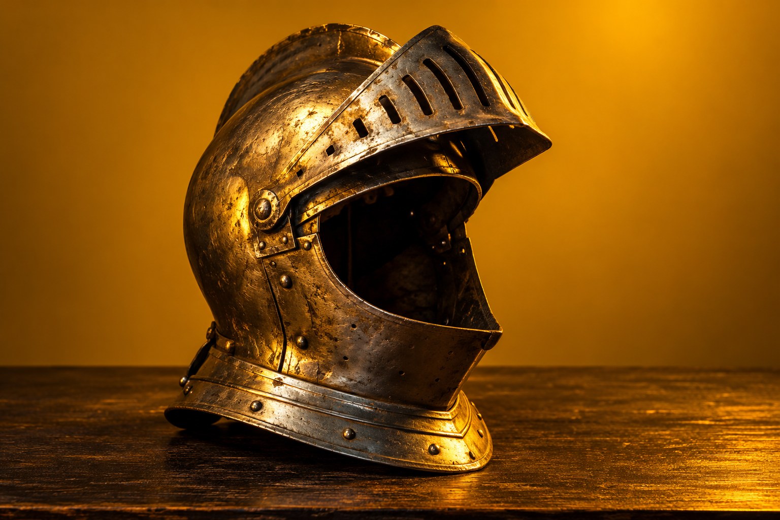 A battered steel knight's helmet on a dark wooden table against a plain backdrop