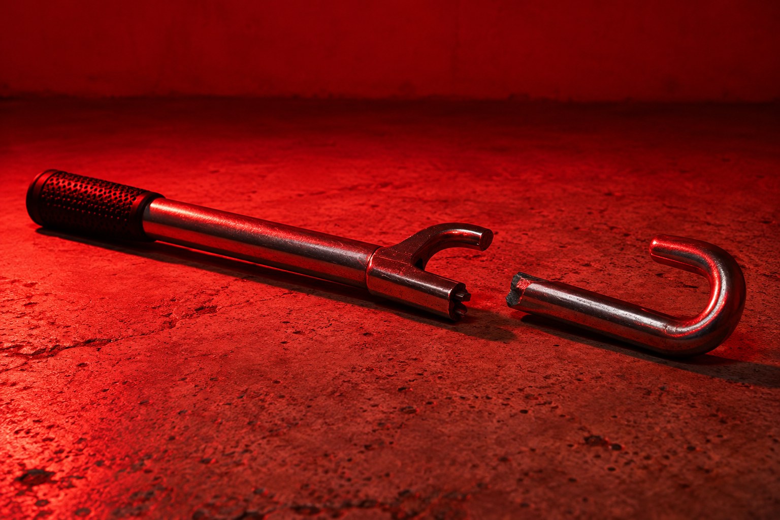 A steel steering wheel lock in two pieces on concrete