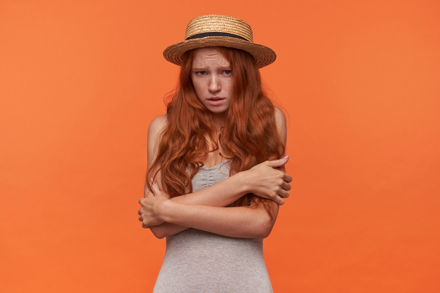 studio photo attractive young woman with wavy red long hair kathryn