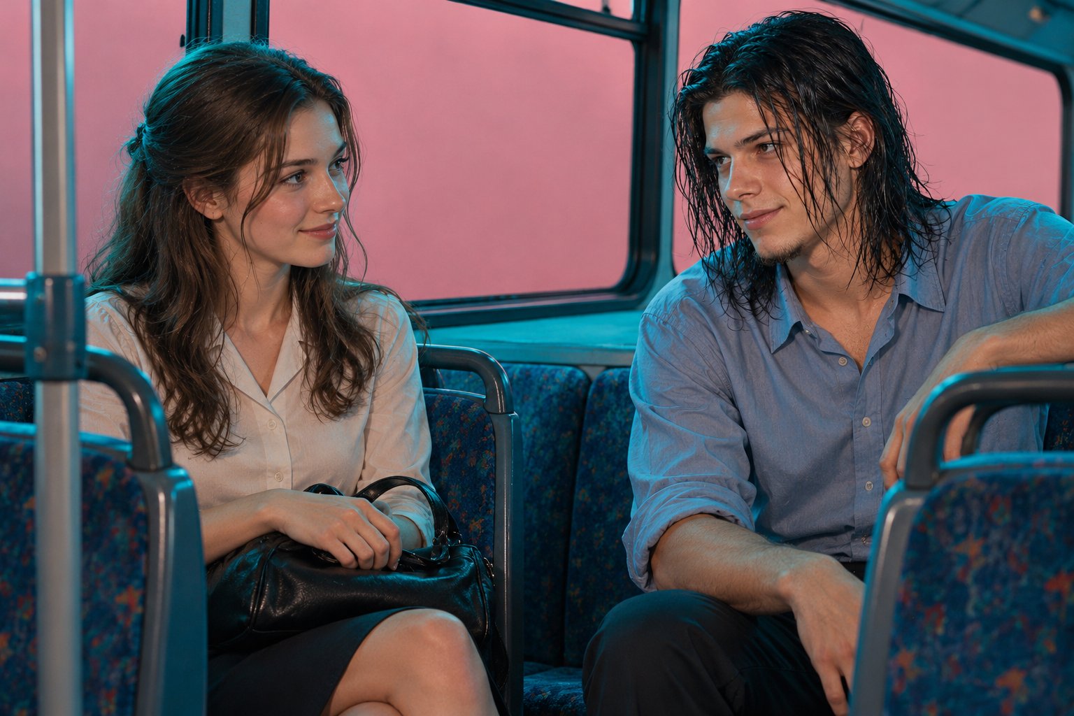 A young woman in a neat blouse talking with a small smile to a young man across the aisle of a suburban bus at dusk in 1990s Australia.