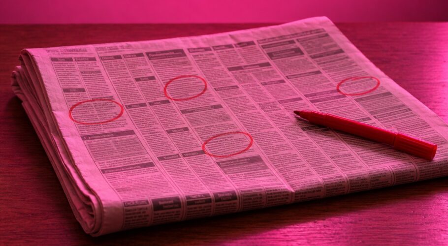 Newspaper classifieds with circled job ads