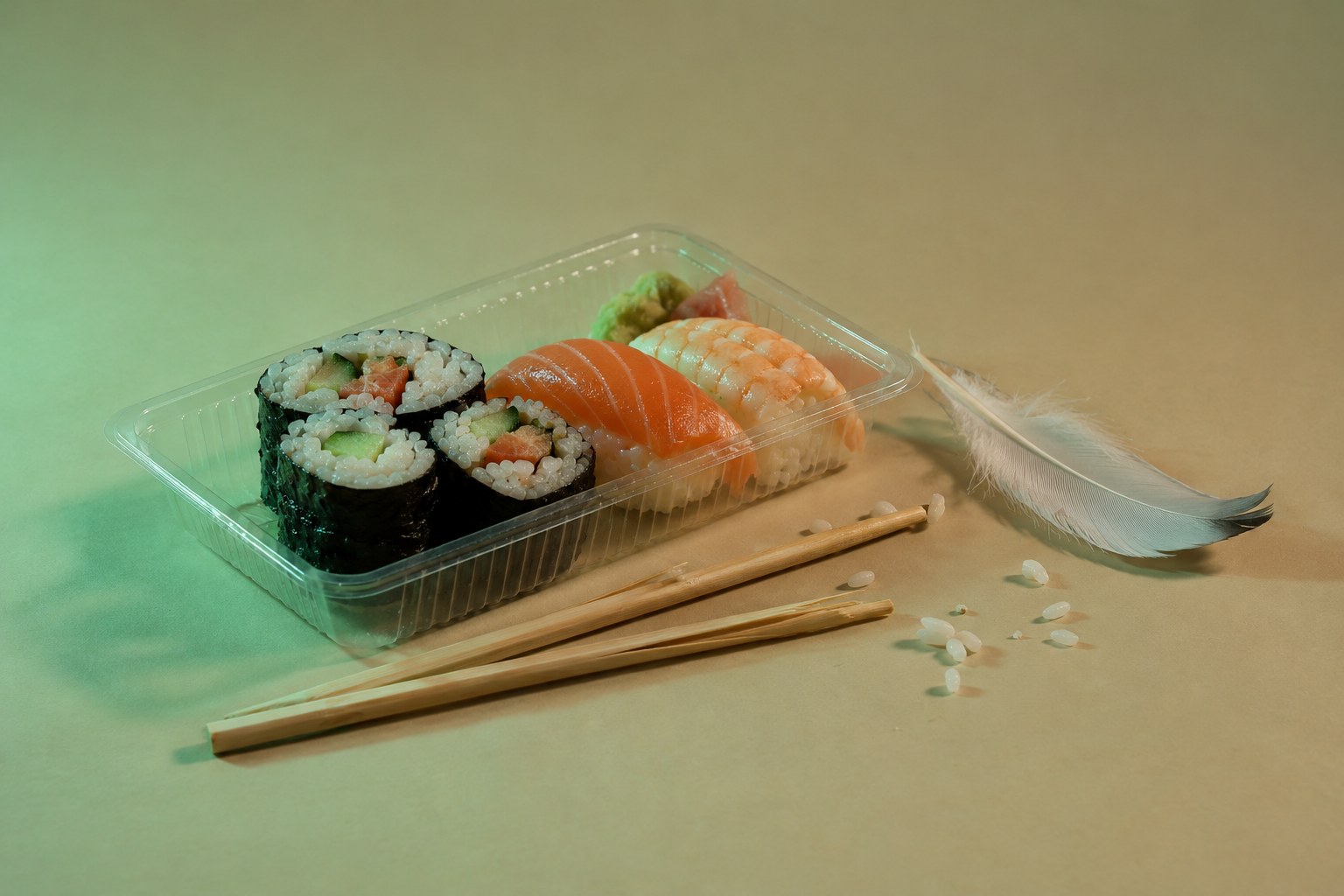 A tray of sushi with chopsticks, rice grains and a white feather, studio photograph in the style of 1999 Sydney