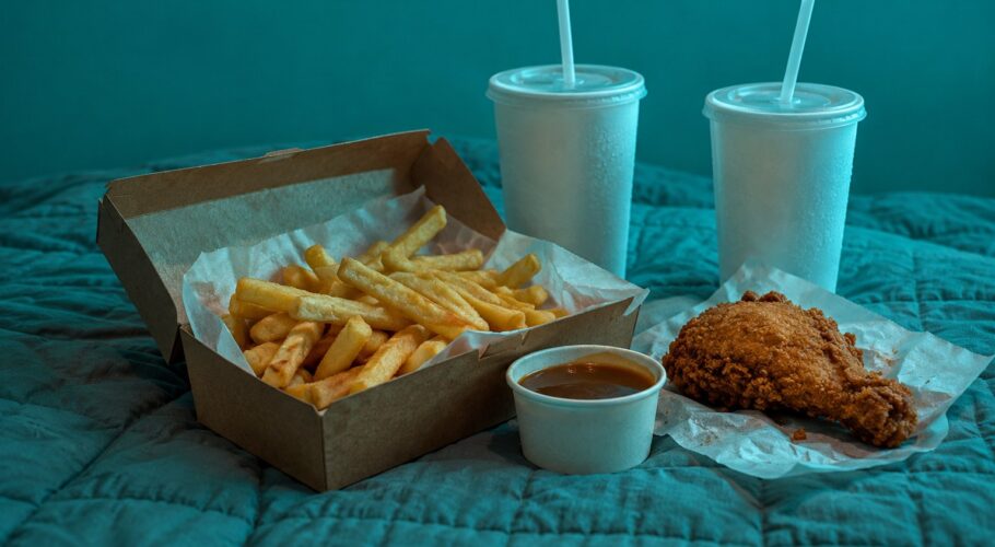 Takeaway hot chips, chicken and drinks on a motel bed in 1999
