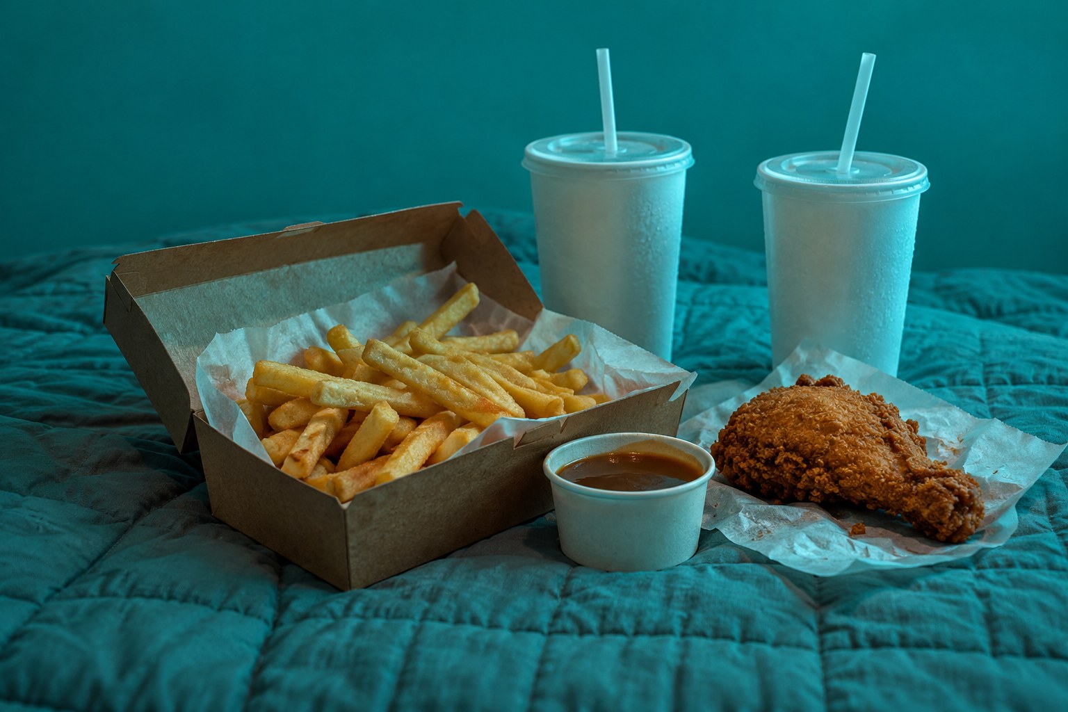 Takeaway hot chips, chicken and drinks on a motel bed in 1999