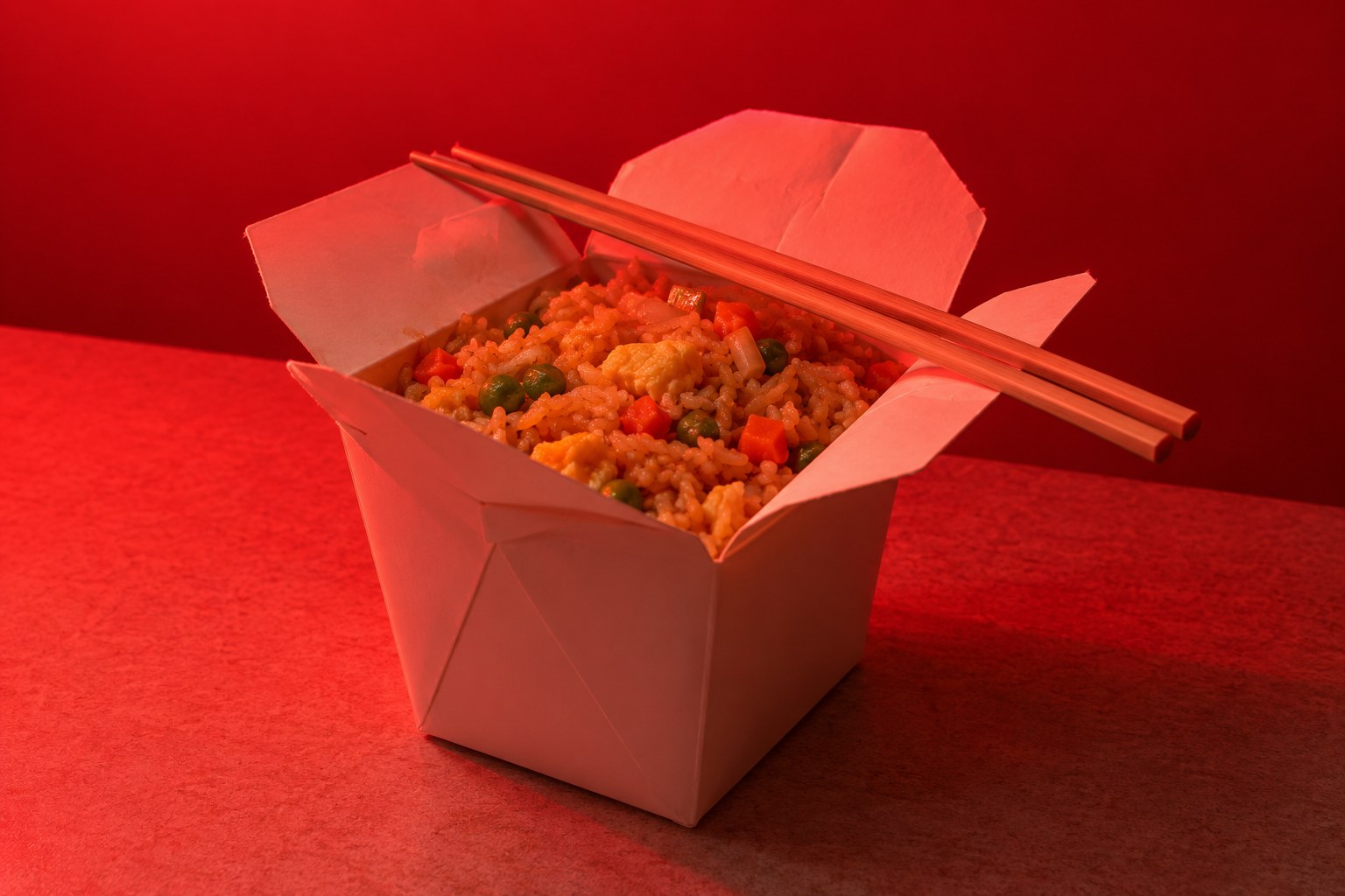 A takeaway carton of fried rice with chopsticks under red light