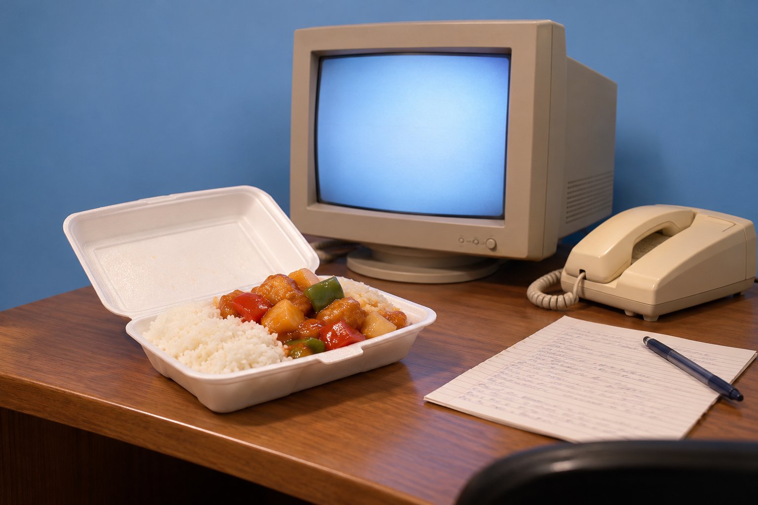 A takeaway container of sweet and sour chicken beside a corded phone and a handwritten list on a 1990s desk.