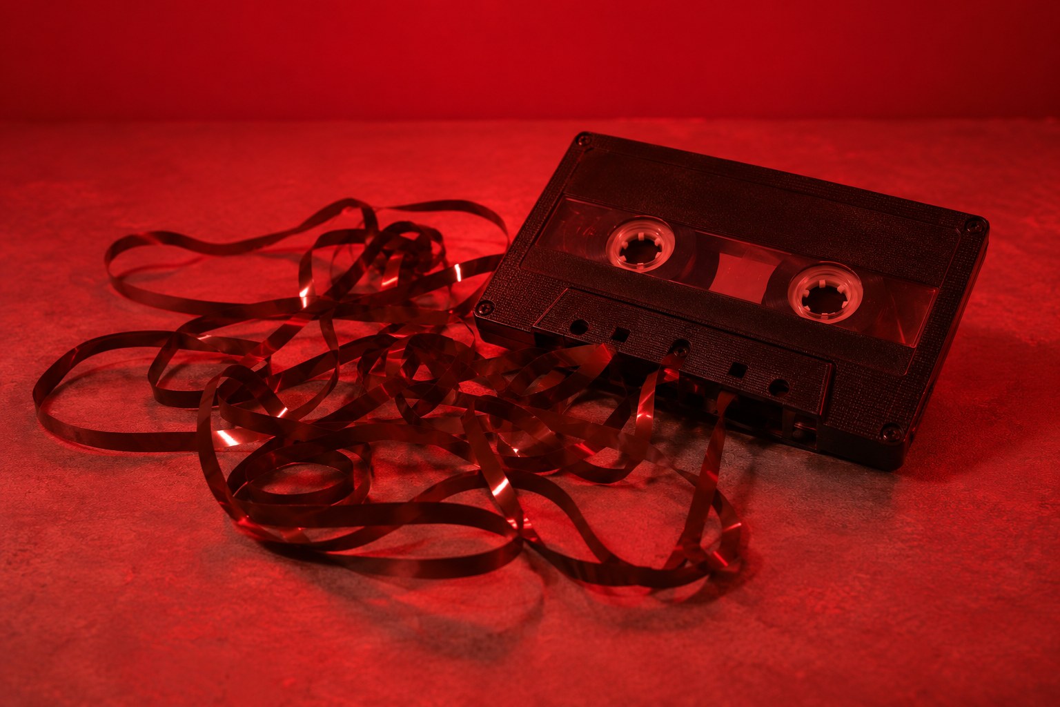 A cassette tape with brown tape tangled across a grey surface