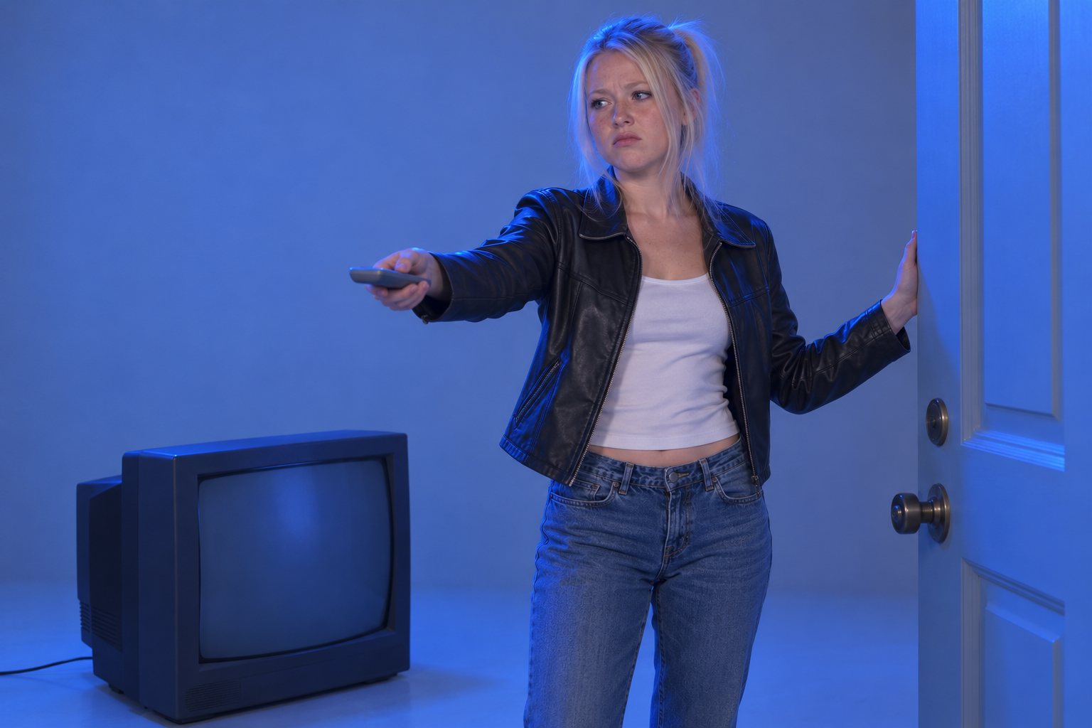 A young woman handing over a remote beside an old television on the floor, studio photograph in the style of 1999 Sydney