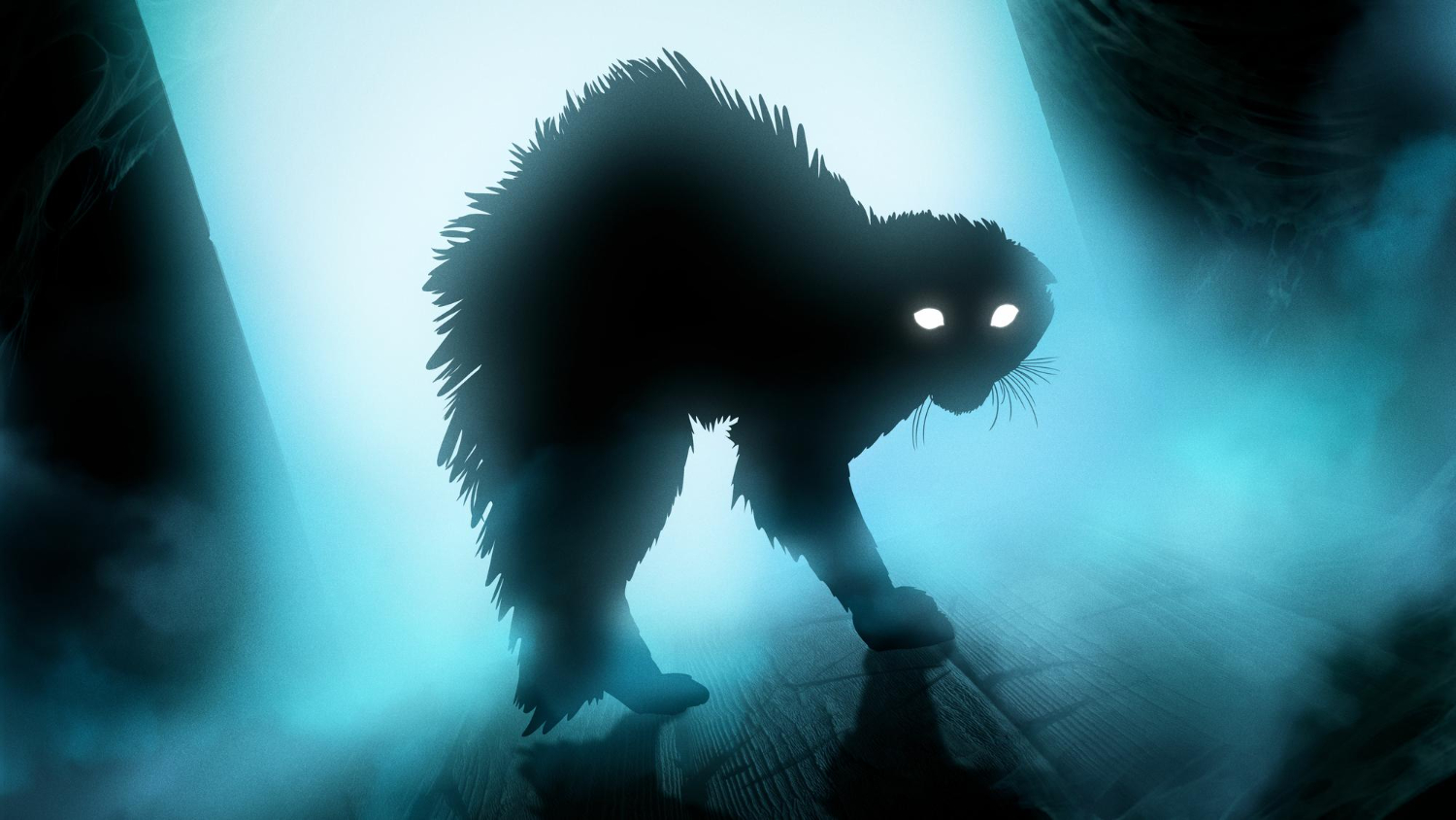 terrified silhouette cat reared up semicircle his eyes are shining brightly with white light