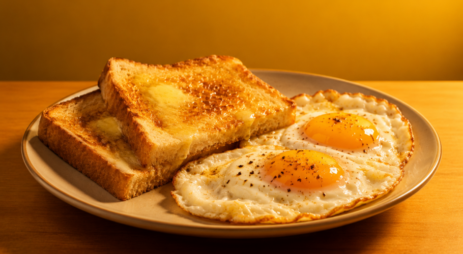 Plate of buttered toast and fried eggs