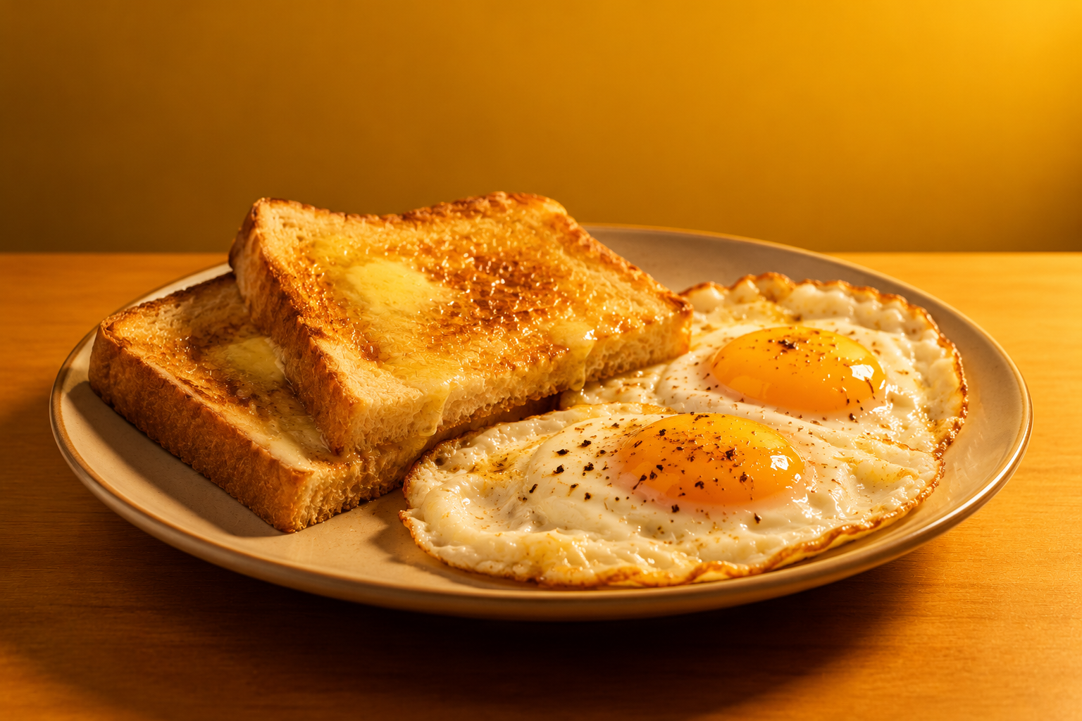 Plate of buttered toast and fried eggs