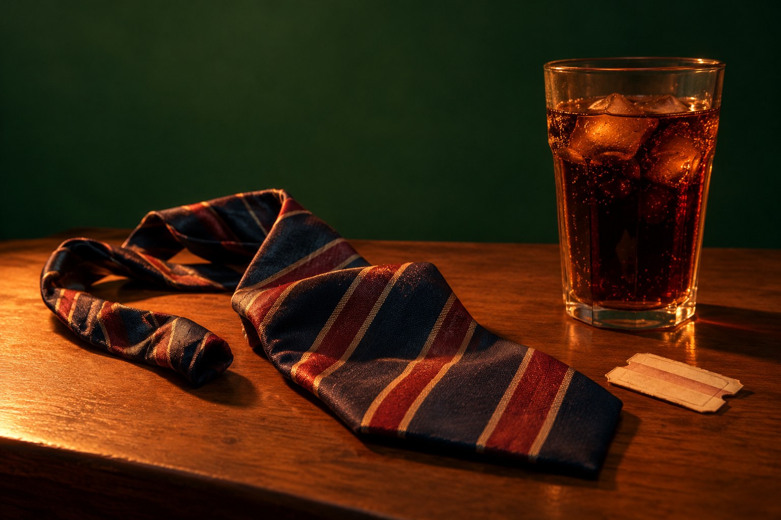 A twisted tie on a table next to a glass of cola and a train ticket, studio photograph in the style of 1999 Sydney