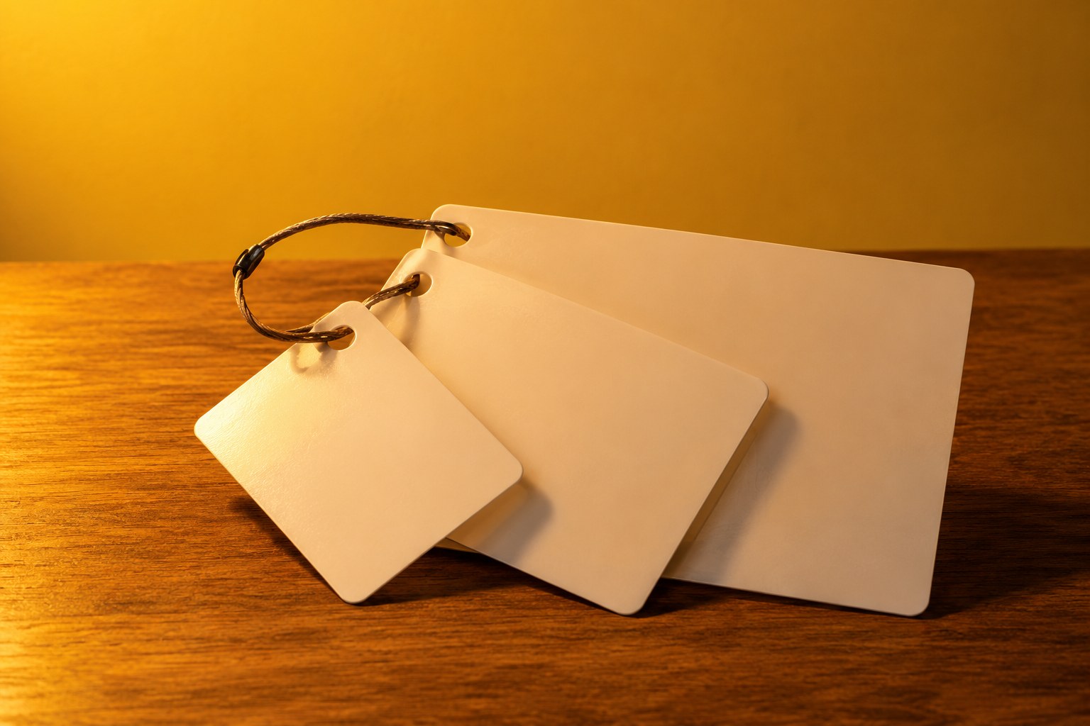 Three laminated blank cards of different sizes tied together with a thin cord on a wooden table