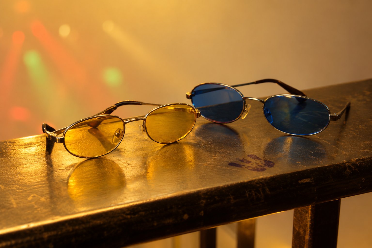 Two pairs of tinted sunglasses resting on a nightclub railing next to a faint ink hand stamp in 1990s Australia.