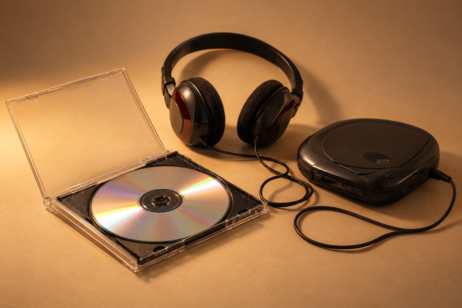 A compact disc and headphones rest on a table, studio photograph in the style of 1999 Sydney