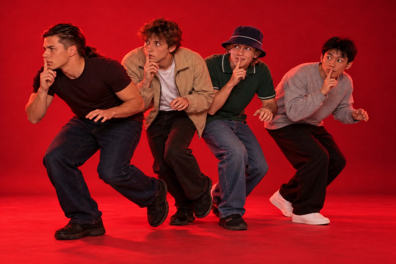 Tony, Shawn in a bucket hat and two friends tiptoeing in a line with fingers to their lips, April 1999