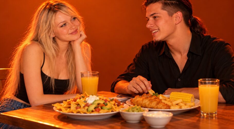 Tony and Lyssa at a birthday dinner with nachos and fish and chips