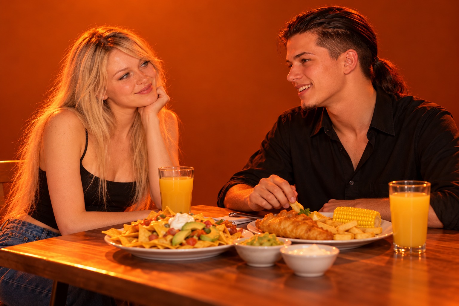 Tony and Lyssa at a birthday dinner with nachos and fish and chips
