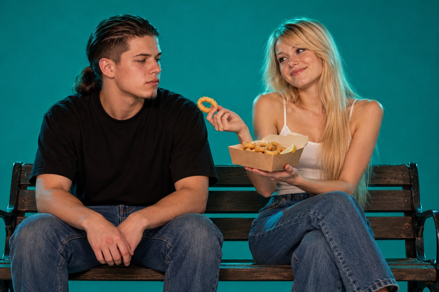Tony and Lyssa sharing calamari rings on a park bench, April 1999