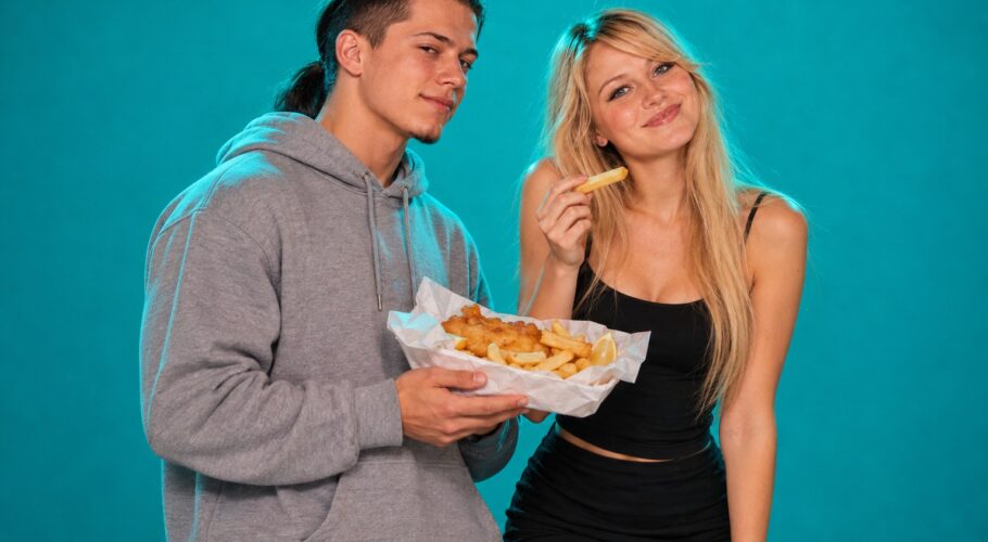 Tony and Lyssa sharing a tray of seafood and chips