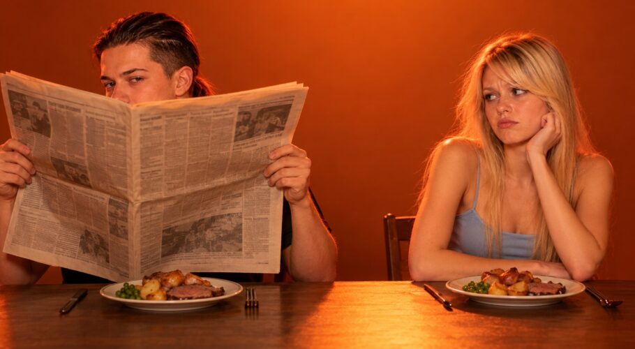 Tony hiding behind a Sunday newspaper at a sour roast dinner while Lyssa glances at him, unhappy