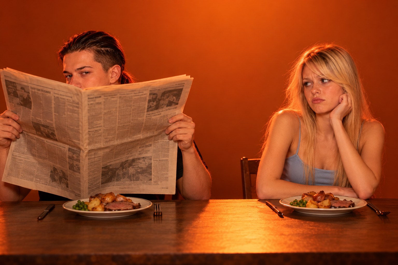 Tony hiding behind a Sunday newspaper at a sour roast dinner while Lyssa glances at him, unhappy