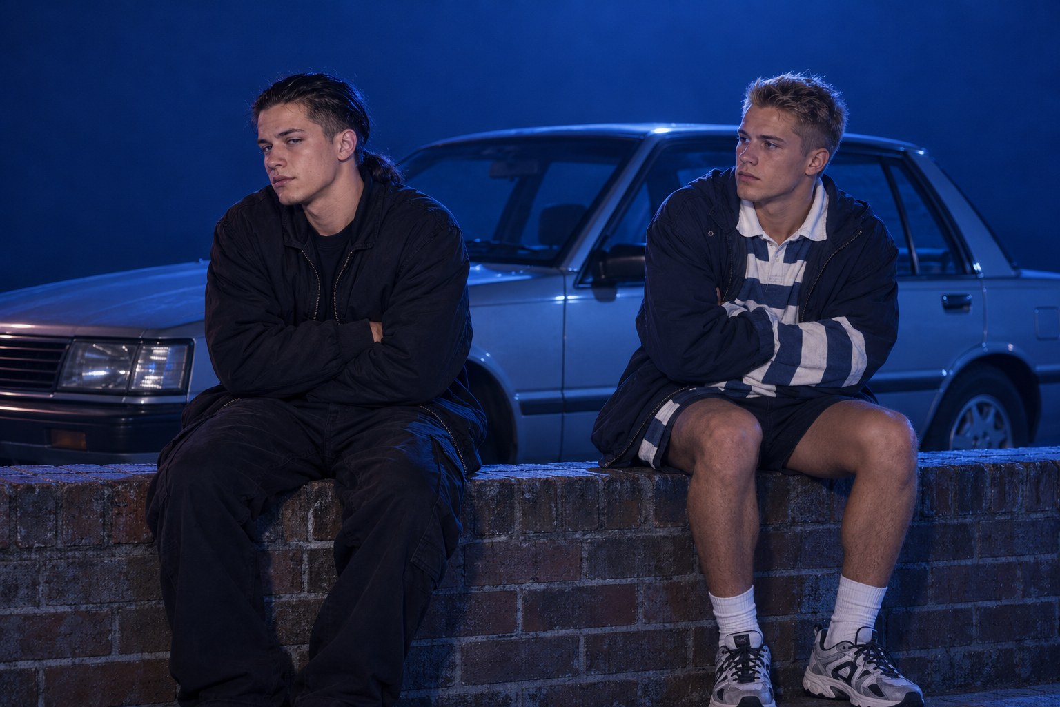 A long-haired young man and a blond young man sit side by side on a low brick wall at night, both hugging themselves against the cold in dark jackets, a boxy Japanese sedan parked behind them in 1990s Australia