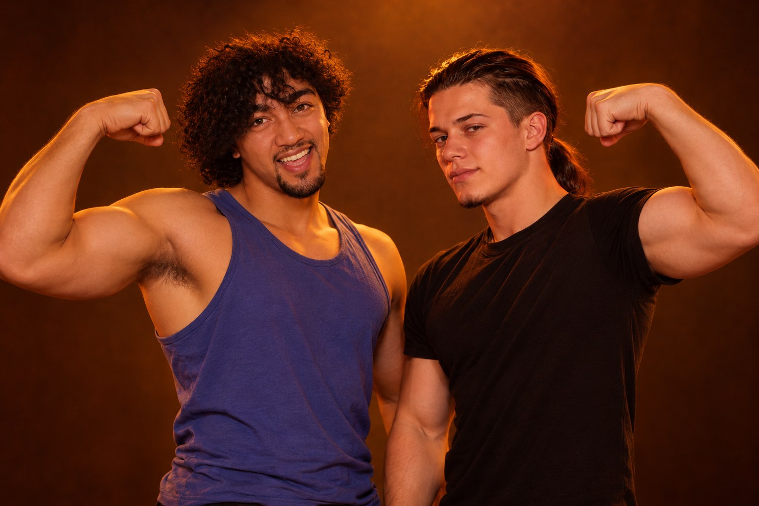 Ralf and Tony flexing their biceps side by side