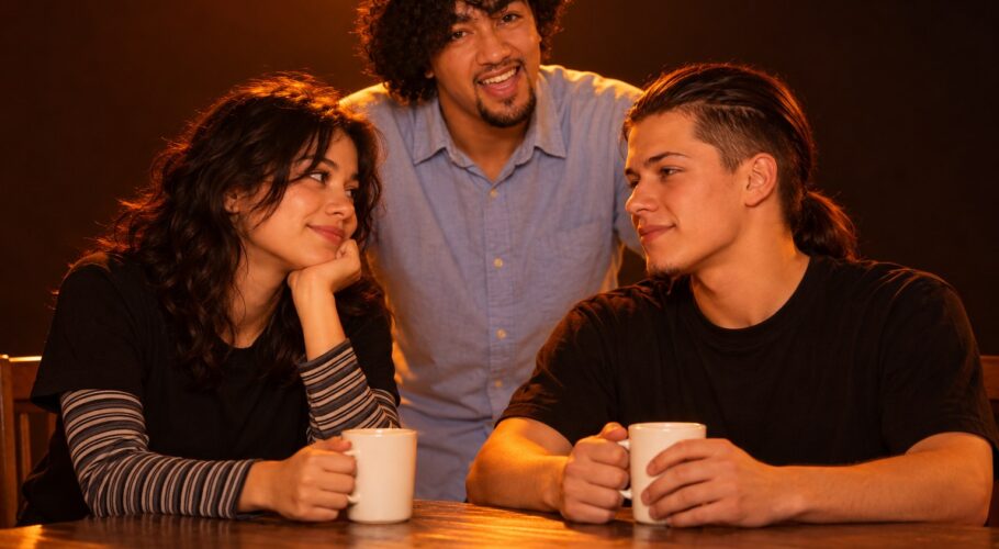 Tony and Rochelle sharing coffee at a kitchen table while Ralf stands behind