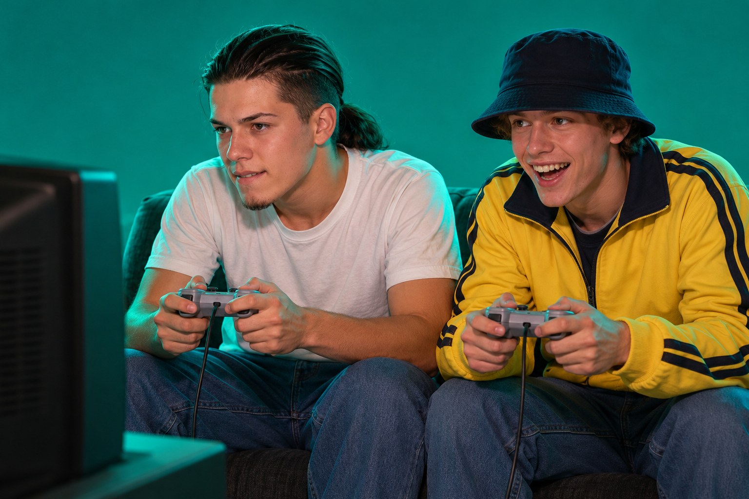 Tony and Shawn sitting on a couch playing PlayStation in front of a CRT television