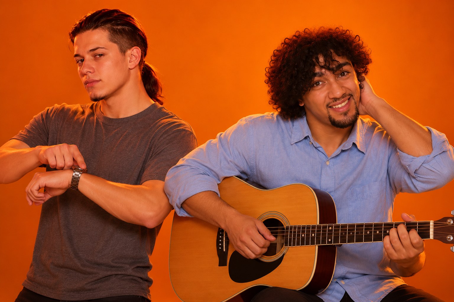 Tony tapping his wristwatch impatiently beside Ralf holding a guitar